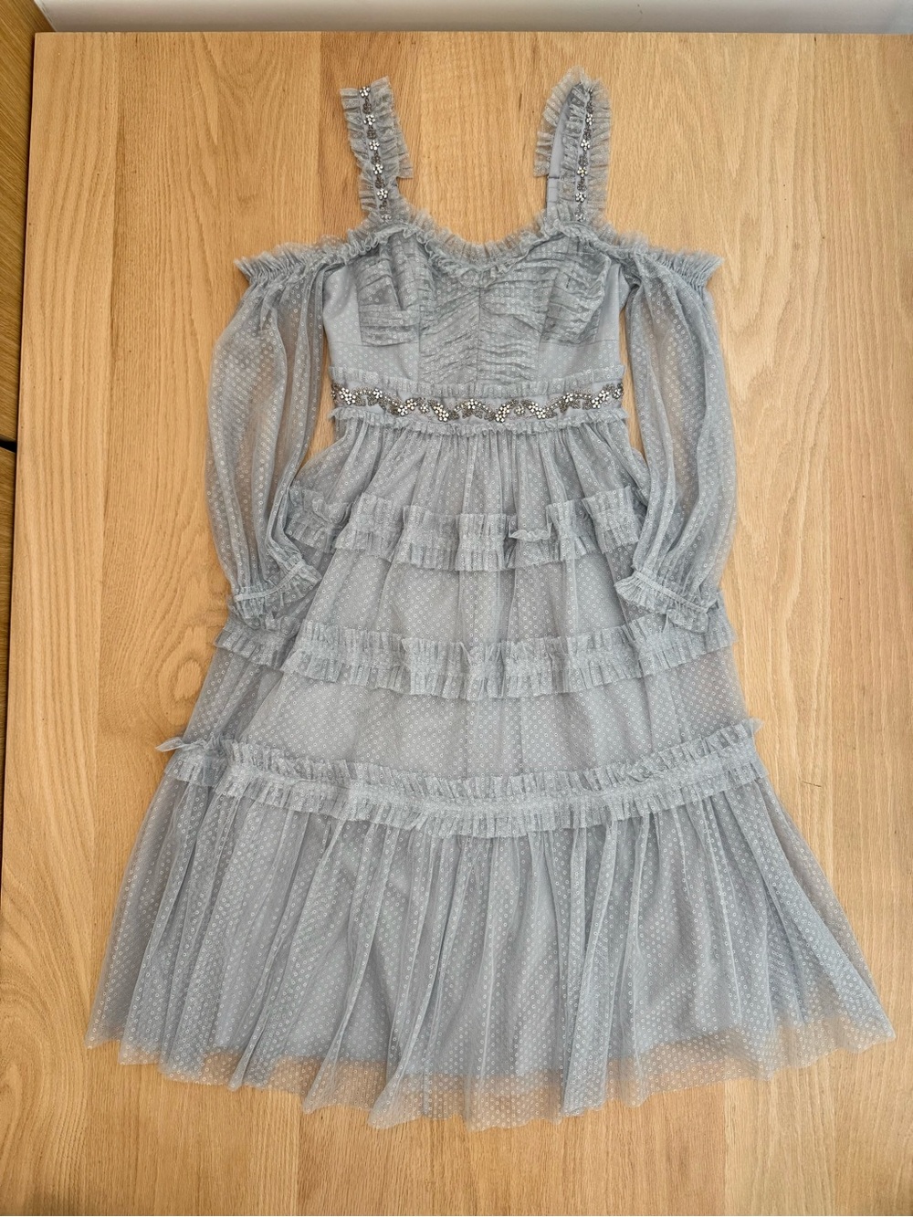 Needle & Thread Light Gray Off-Shoulder Tulle Ruffle Dress - Picture 4 of 5